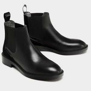 Zara Black Leather Flat Chelsea Ankle Boots